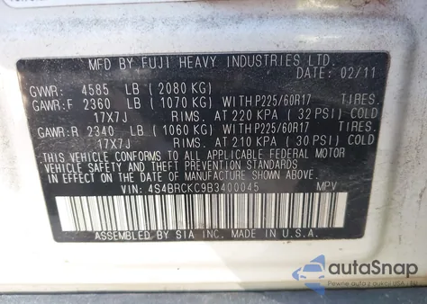 2011 Subaru Outback 2.5I Limited from USA, damaged, VIN 4S4BRCKC9B3400045